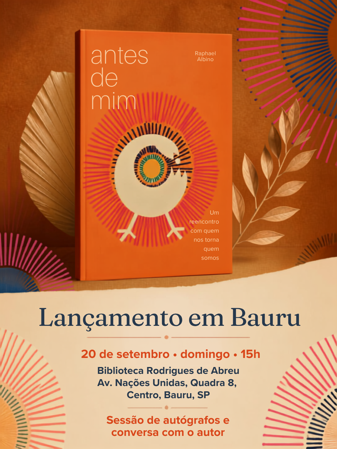 Cartaz do lançamento em Bauru: 20 de setembro, domingo, às 15h, na Biblioteca Rodrigues de Abreu.
